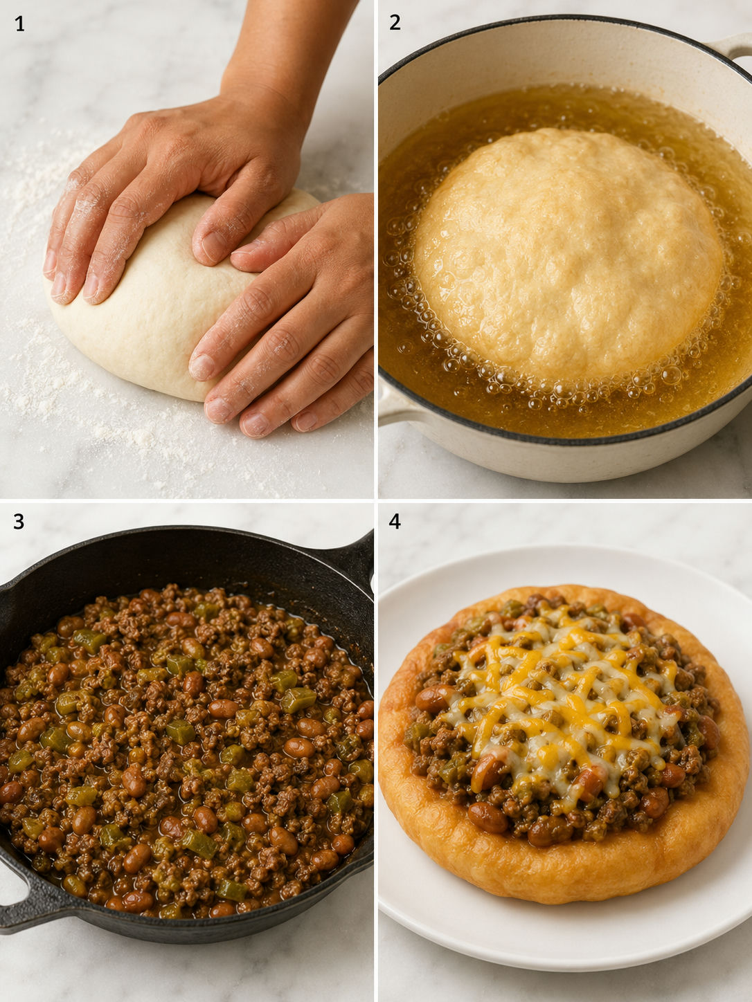 Four cooking steps for Navajo tacos: kneading fry bread dough, frying in oil, simmering beef with green chile, assembling the finished taco