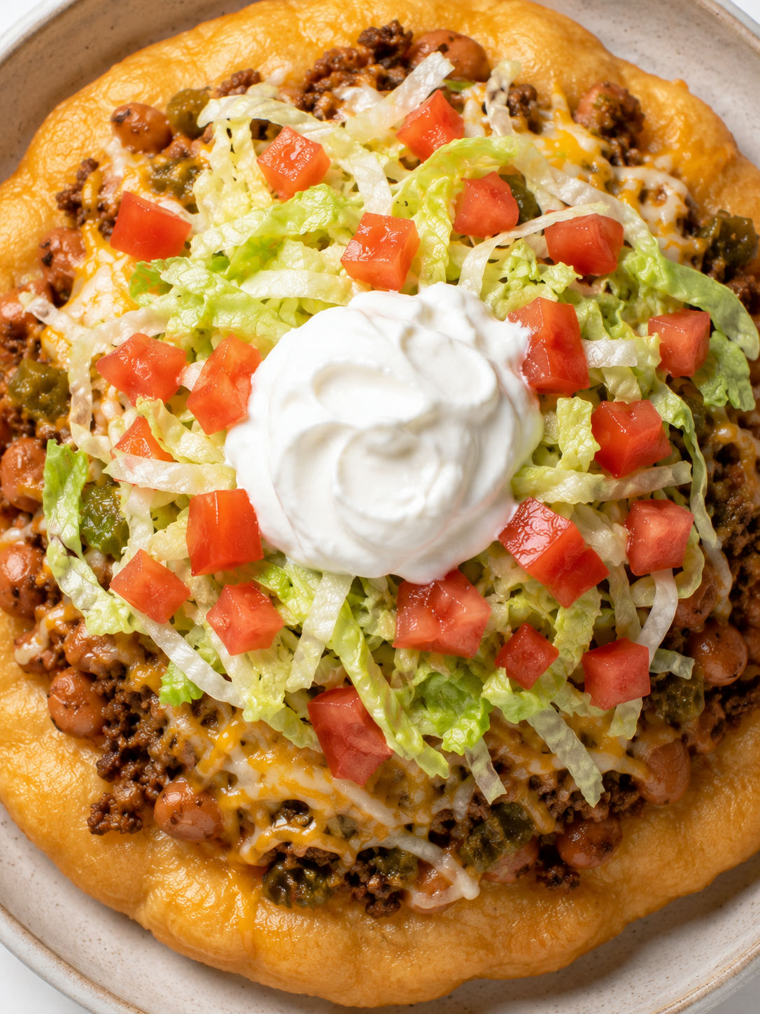 Top-down Navajo taco on golden fry bread loaded with green chile beef, melted cheese, lettuce, tomato, and sour cream