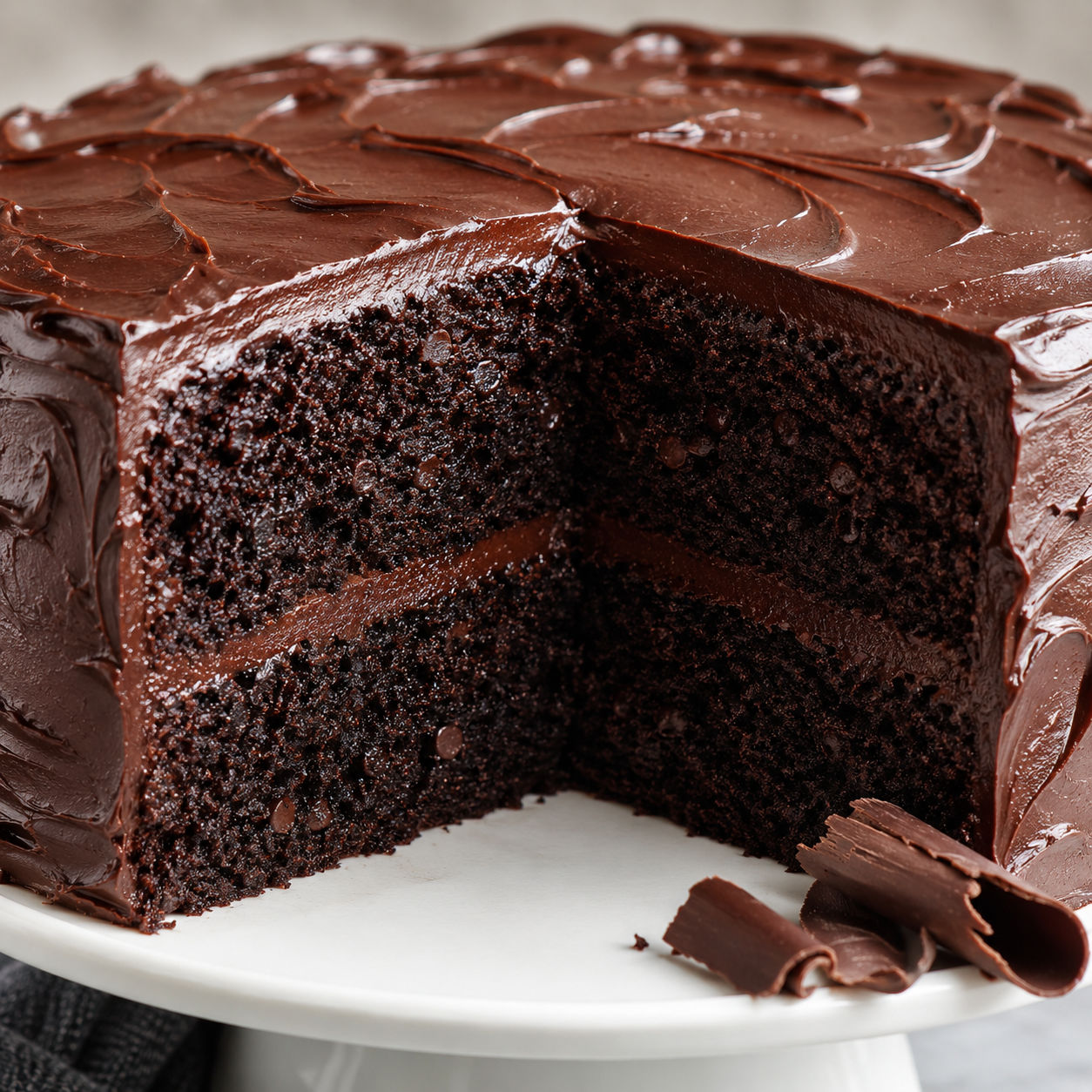 Dark chocolate layer cake with glossy frosting and a sliced wedge