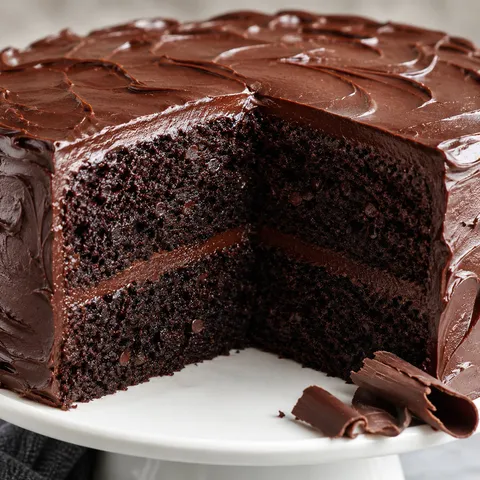 Dark chocolate layer cake with glossy frosting and a sliced wedge