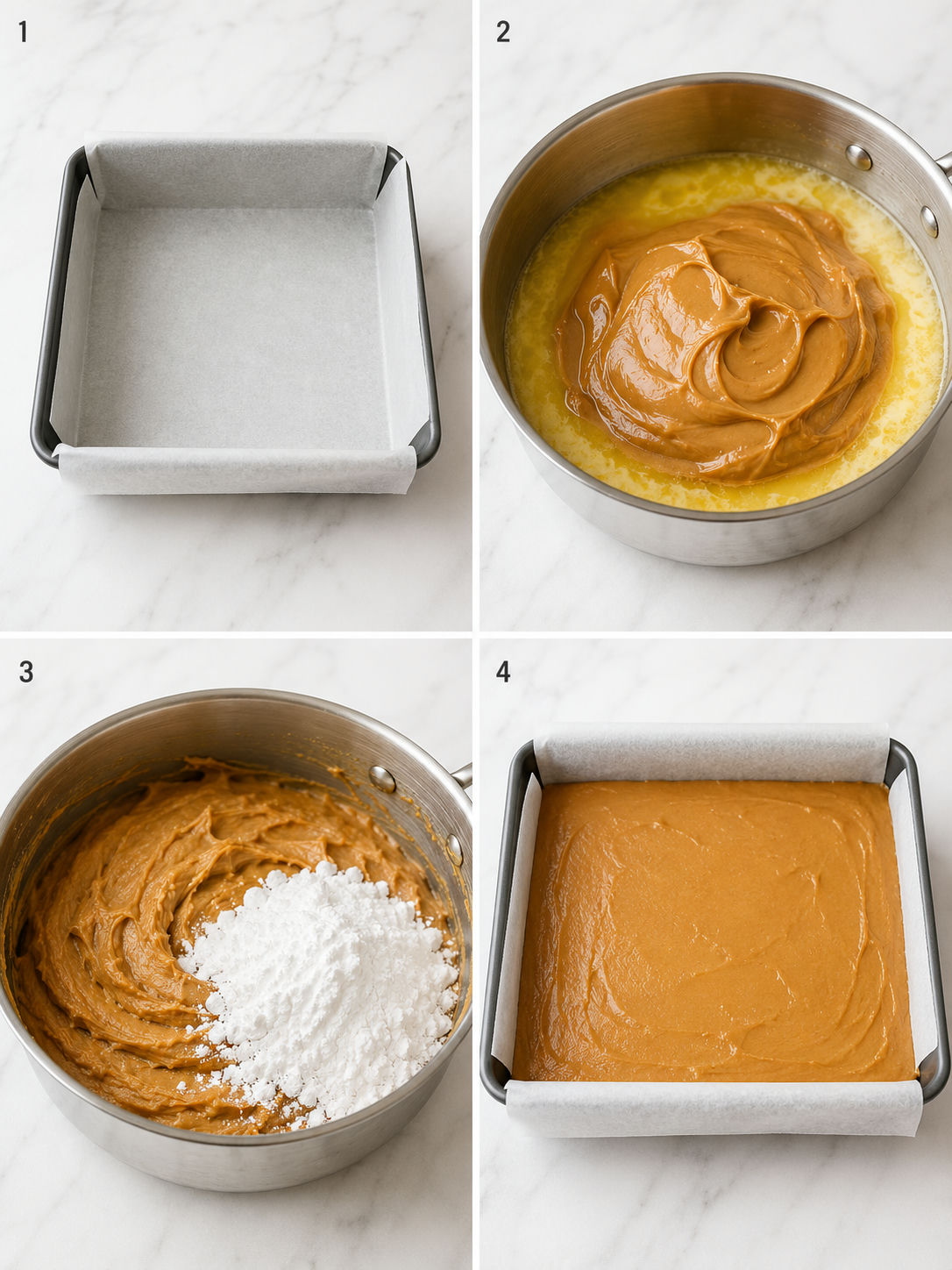 Four steps for making peanut butter fudge in a lined pan