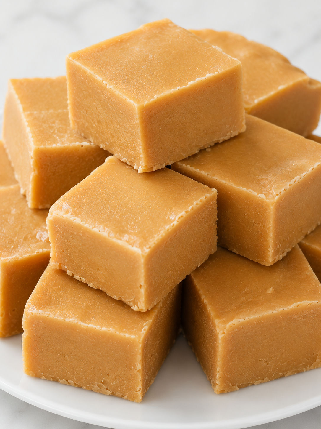 Stacked peanut butter fudge squares with smooth creamy edges