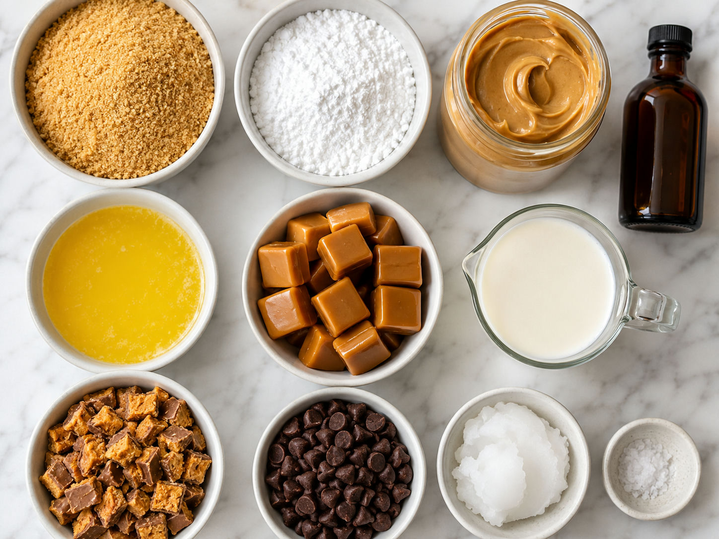 Ingredients for Butterfinger caramel bars on a kitchen counter