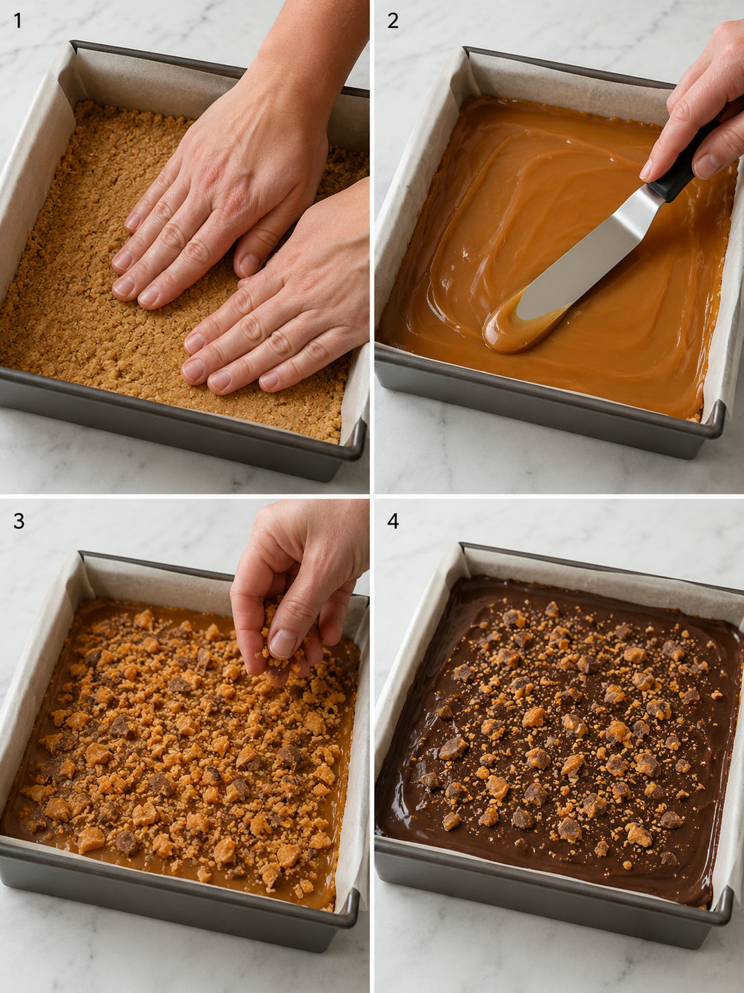 Four steps for layering Butterfinger caramel bars