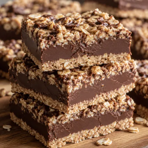 Stacked no bake chocolate oat bars showing oat layers and fudgy chocolate peanut butter center