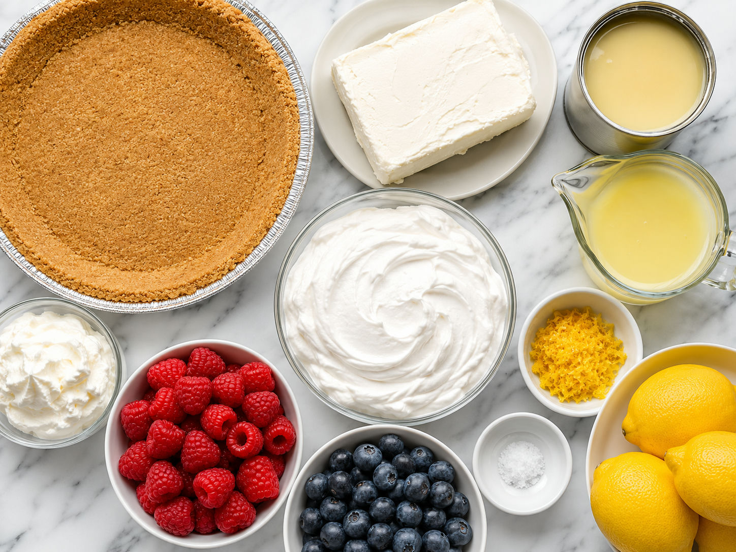 Ingredients for cream cheese lemonade pie with graham crust and lemons