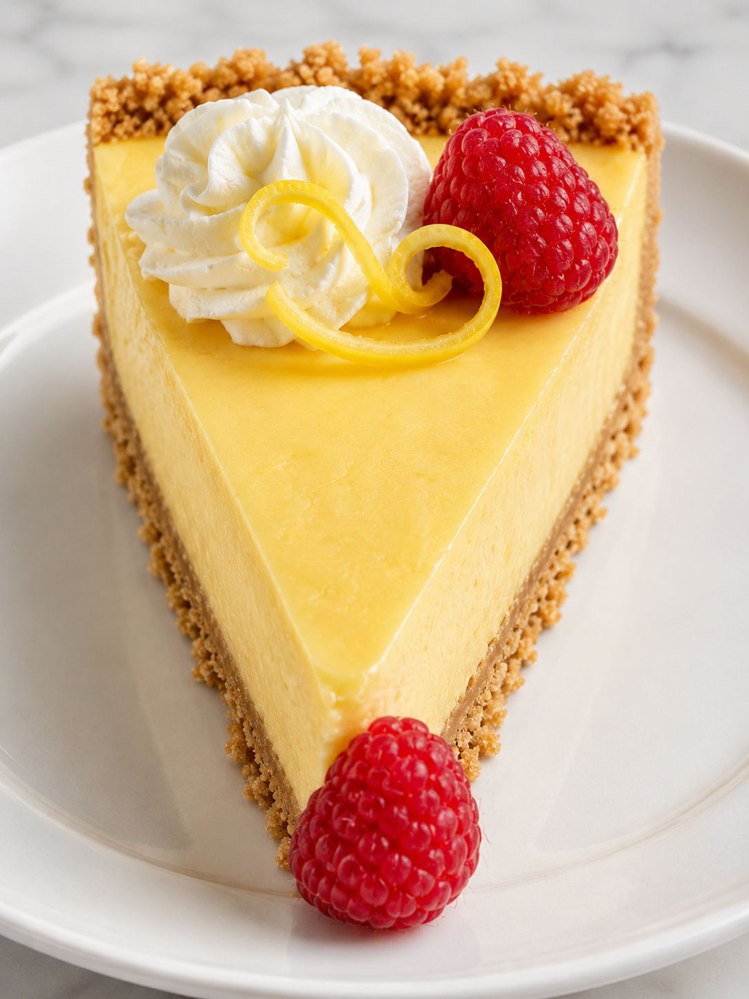 Creamy lemonade pie slice with graham crust, whipped cream, and berries