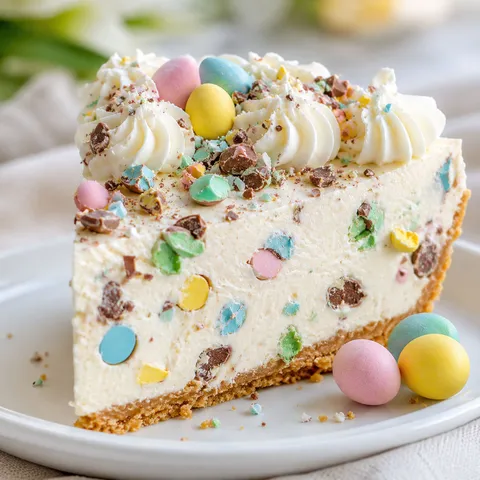 No-bake Easter egg cheesecake slice with whipped cream and pastel chocolate eggs