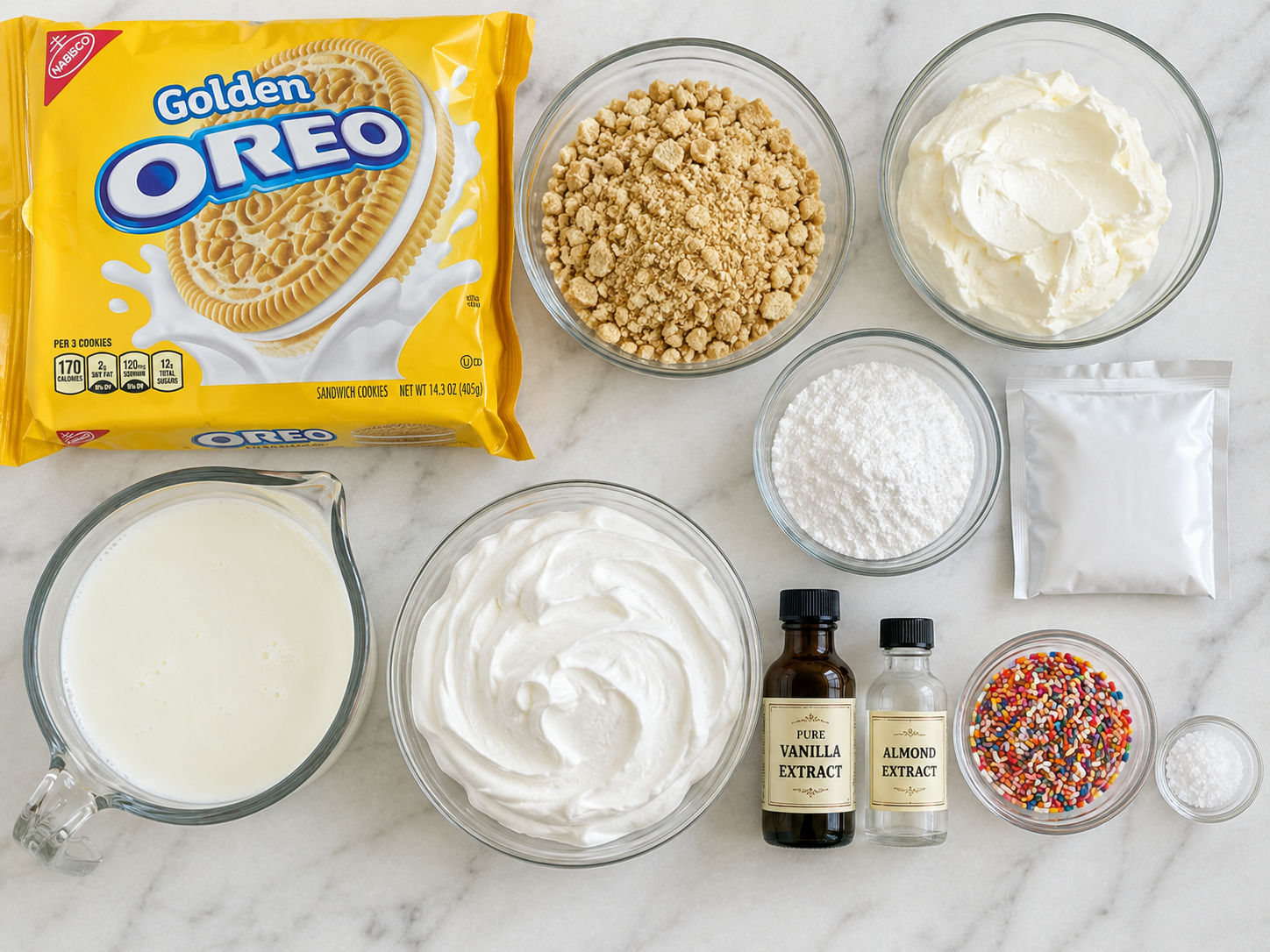 Ingredients for funfetti Oreo icebox cake with cookies, cream cheese and sprinkles