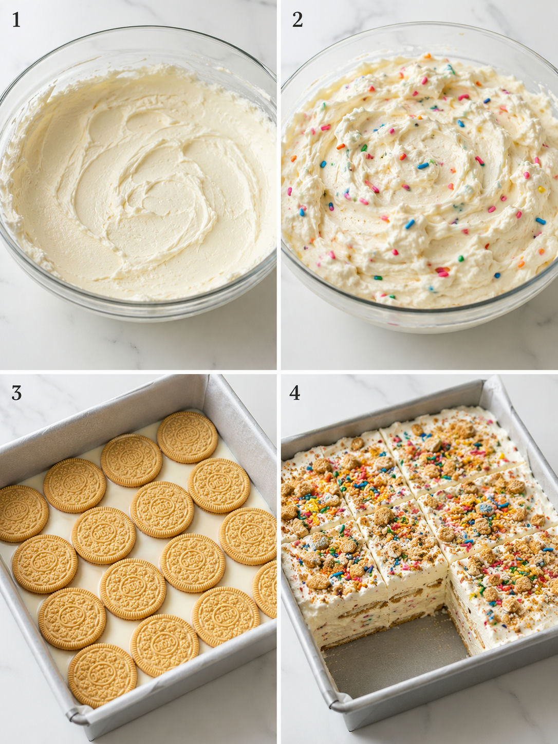 Four steps for layering funfetti Oreo icebox cake in a square pan
