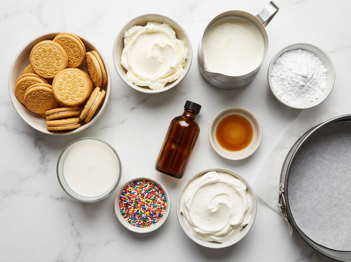 Ingredients for Funfetti Oreo icebox cake with cream cheese and sprinkles