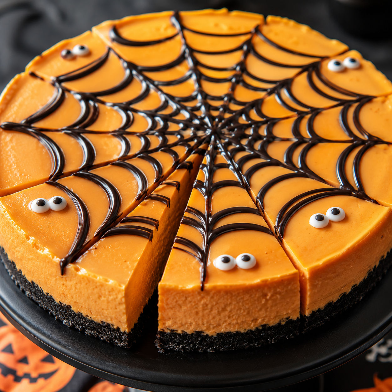 No Bake Halloween Cheesecake with orange filling and chocolate spiderweb top