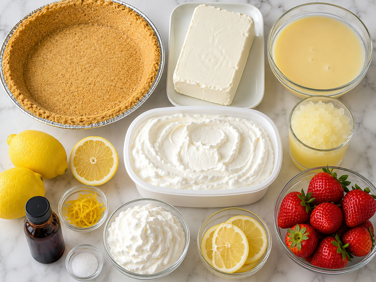 Ingredients for no-bake lemonade pie with lemons and graham crust