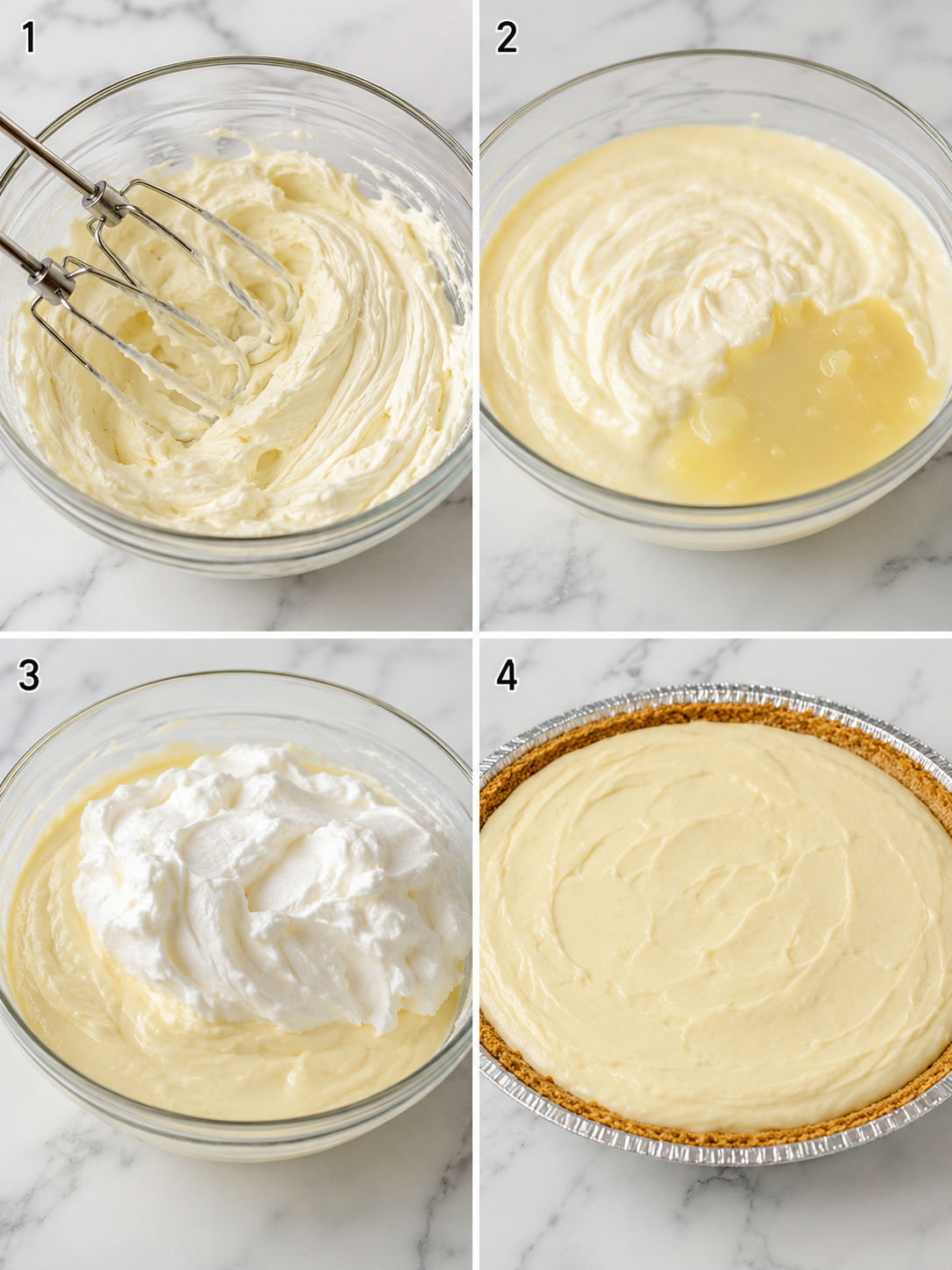 Four steps for mixing and filling no-bake lemonade pie