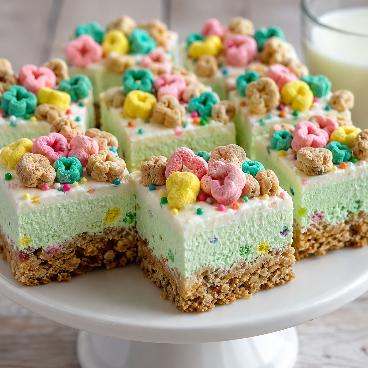 Lucky Charms cheesecake bars with green filling and colorful marshmallows