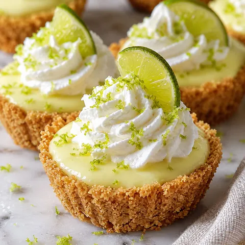 No-bake mini key lime pies with whipped cream and lime zest on marble