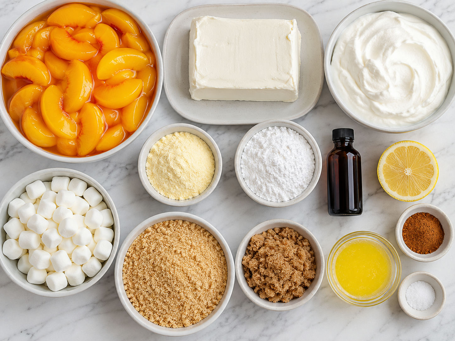 Ingredients for peach cobbler cheesecake salad on a kitchen counter
