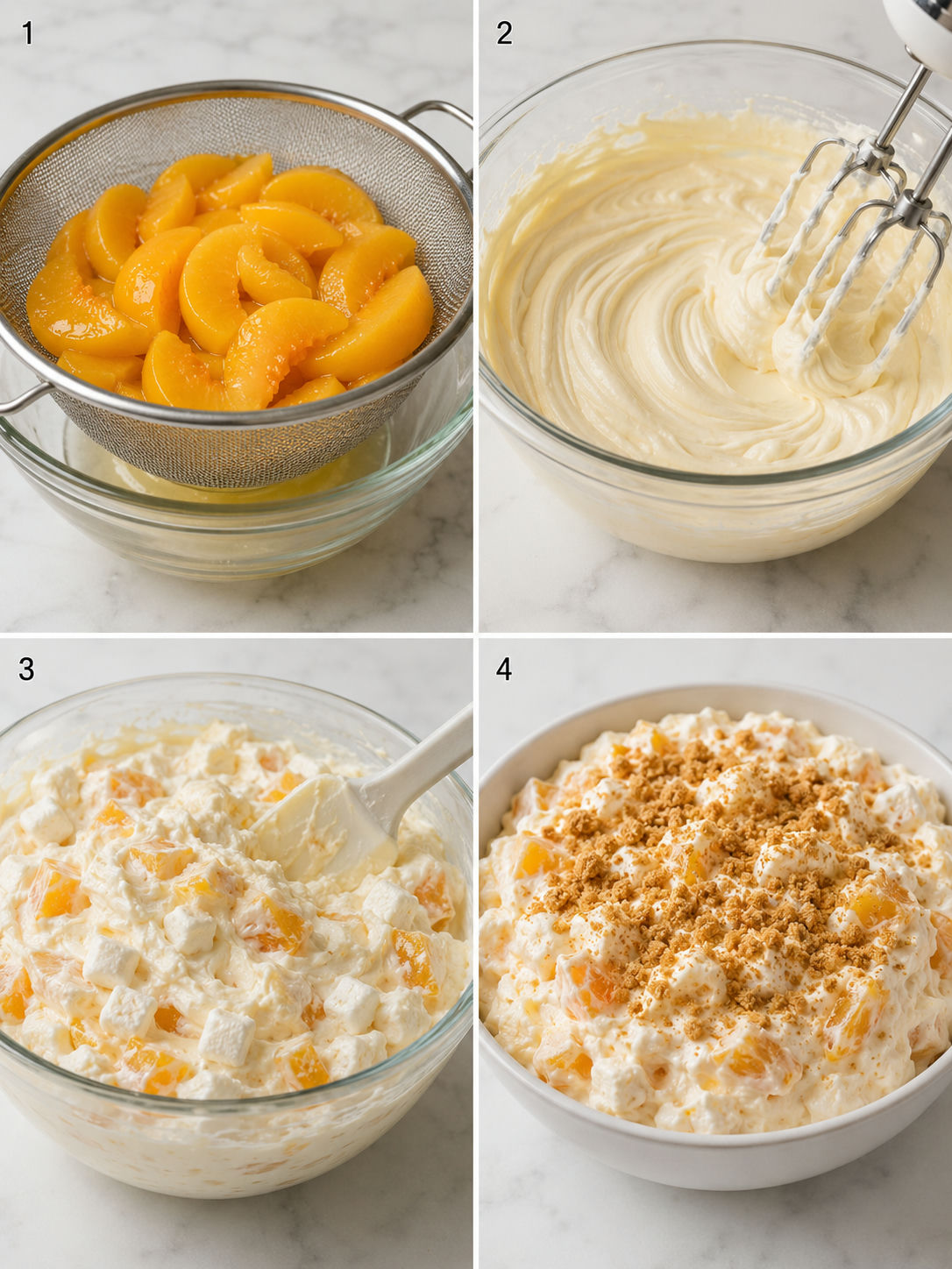 Four steps for making peach cobbler cheesecake salad
