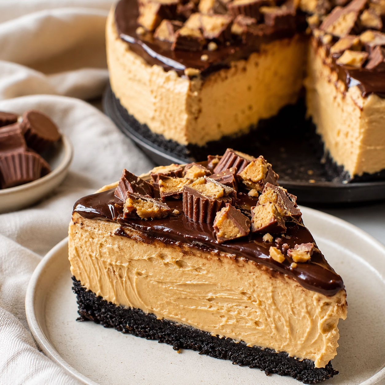 No-Bake Peanut Butter Cheesecake slice with fudge and peanut butter cups