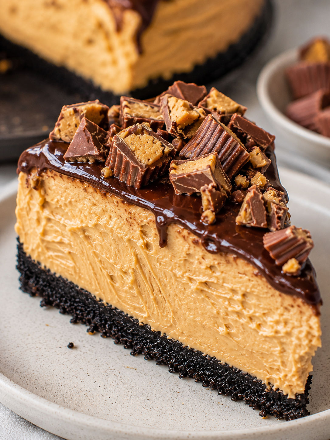 No-Bake Peanut Butter Cheesecake, plated and served