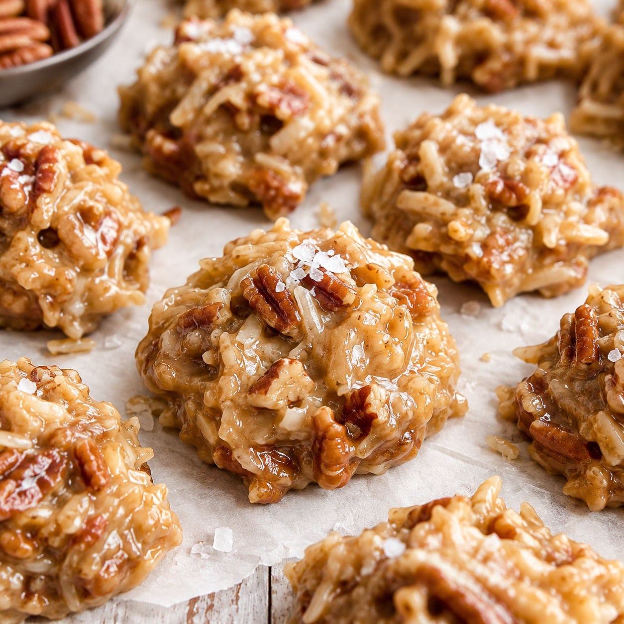 No bake pecan coconut praline cookies with flaky salt on parchment
