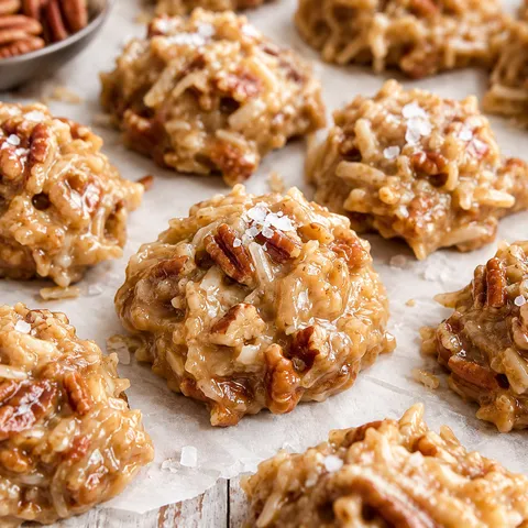 No bake pecan coconut praline cookies with flaky salt on parchment