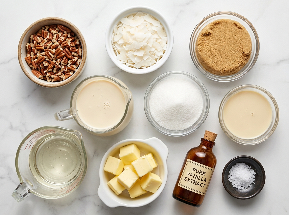 Ingredients for pecan coconut praline cookies on a light wood counter