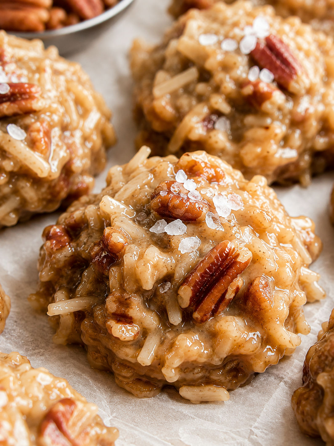 No Bake Pecan Coconut Praline Cookies, plated and served