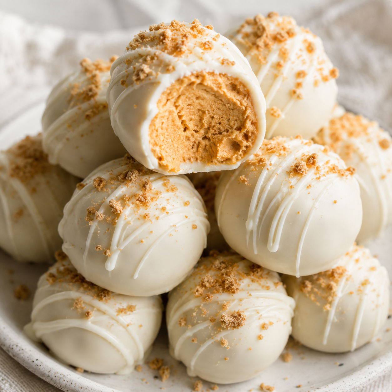 Pumpkin cheesecake balls with white chocolate coating and graham crumbs