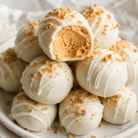 Pumpkin cheesecake balls with white chocolate coating and graham crumbs