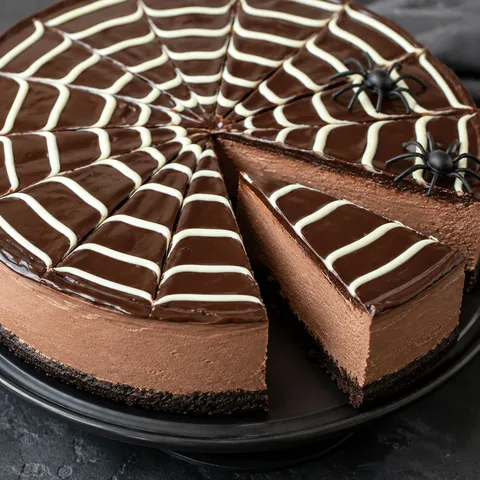 No-Bake Spiderweb Cheesecake with chocolate ganache and white web
