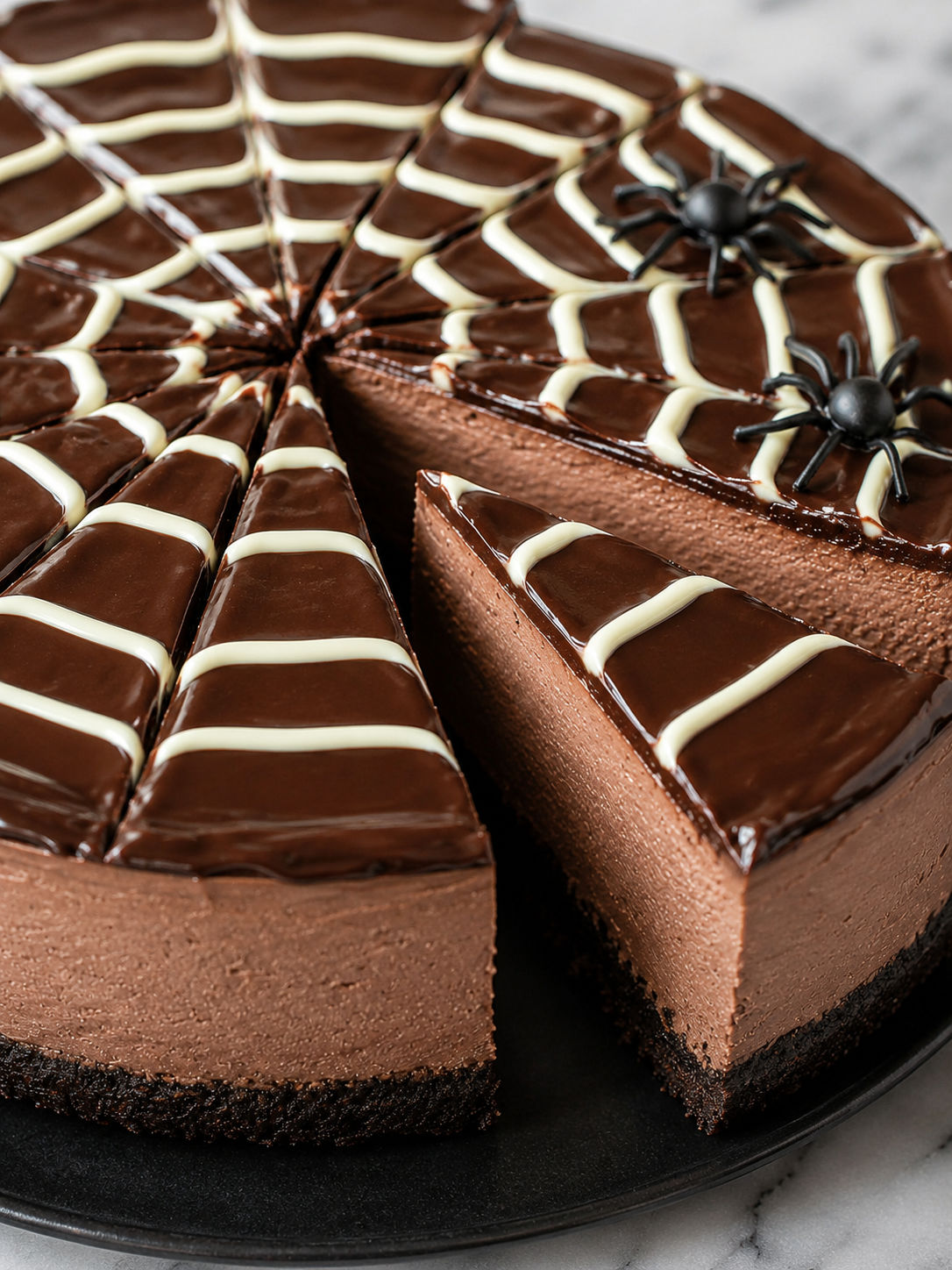 No-Bake Spiderweb Cheesecake, plated and served