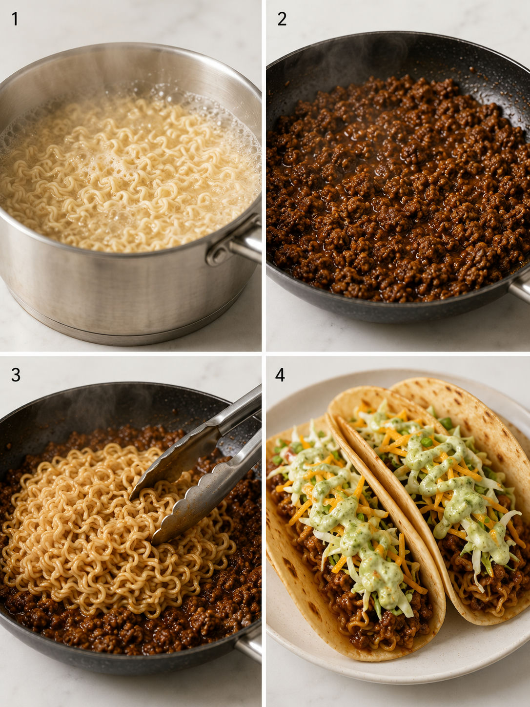 Four steps for making ramen noodle tacos from boiling noodles to filling tortillas