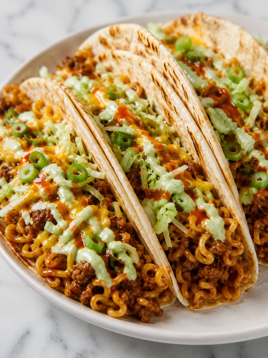 Ramen noodle tacos filled with saucy beef noodles, cabbage, cheese, and lime crema
