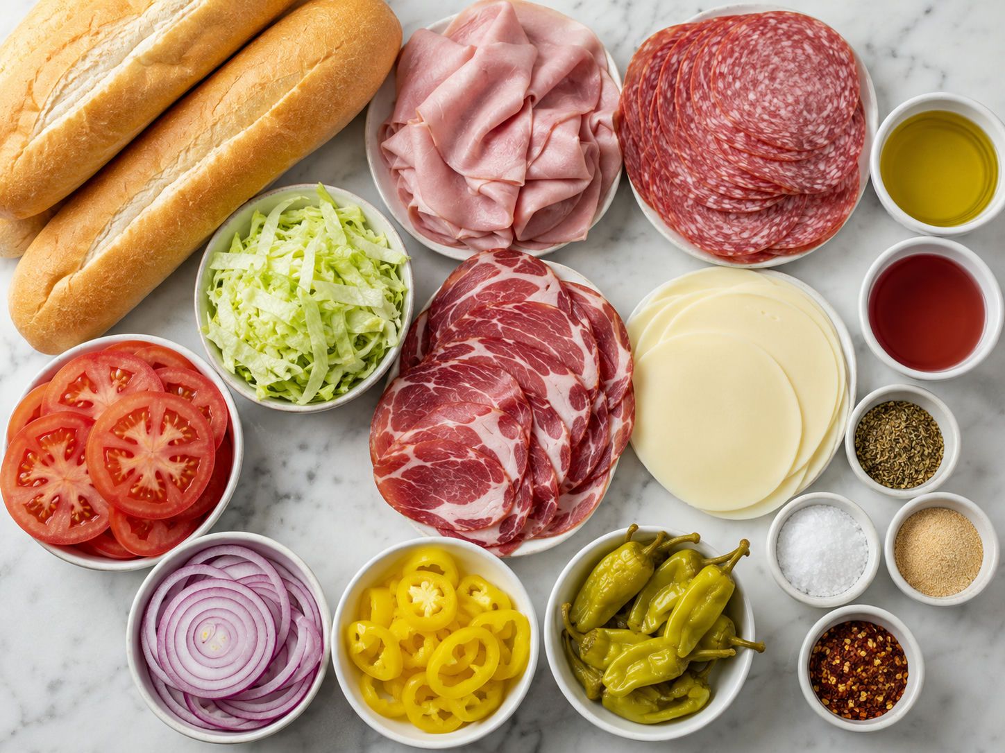 Ingredients for Italian hoagies with deli meats, rolls, vegetables, and dressing
