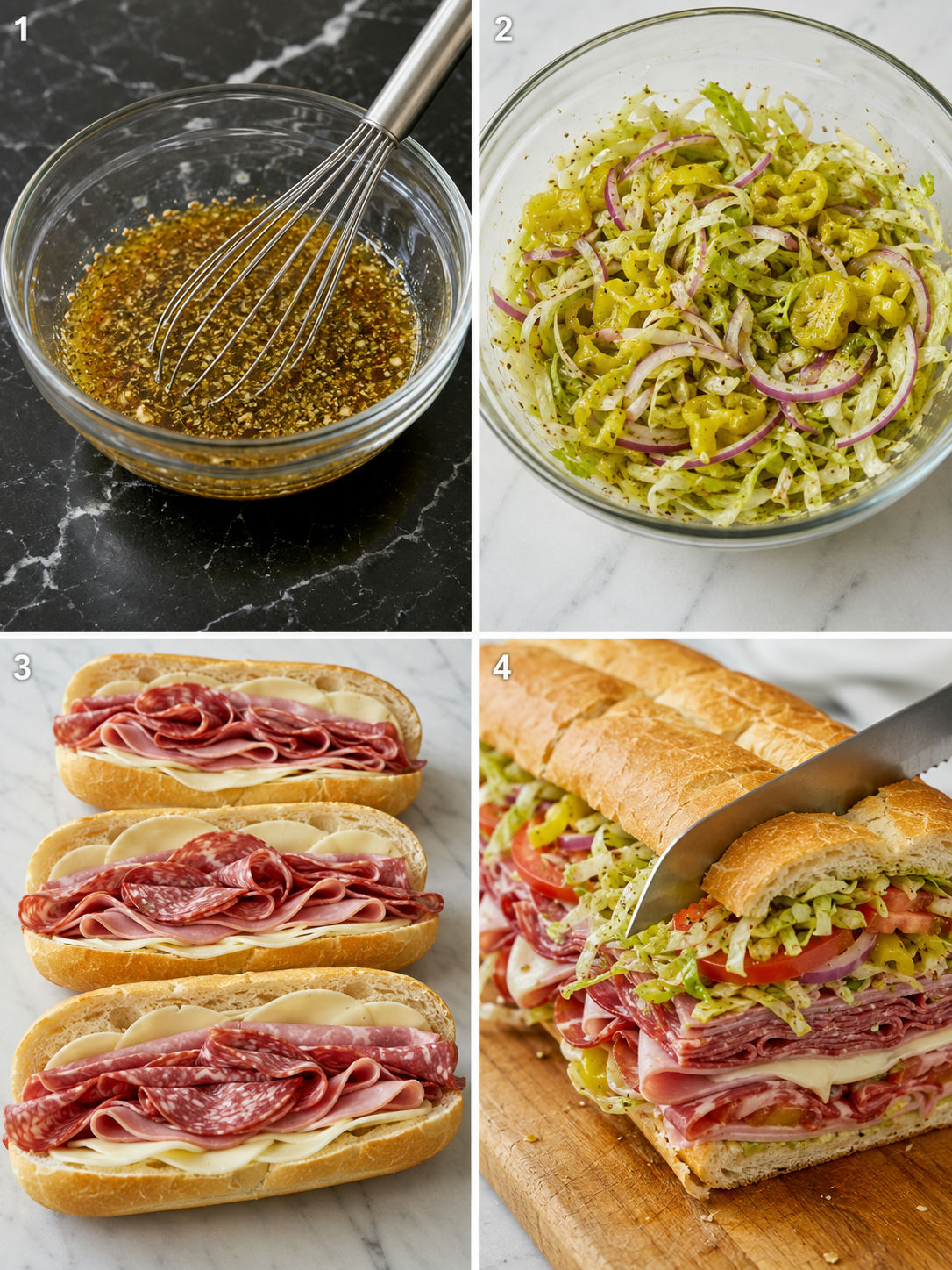 Four steps for making an Italian hoagie with dressing, vegetables, and deli meats