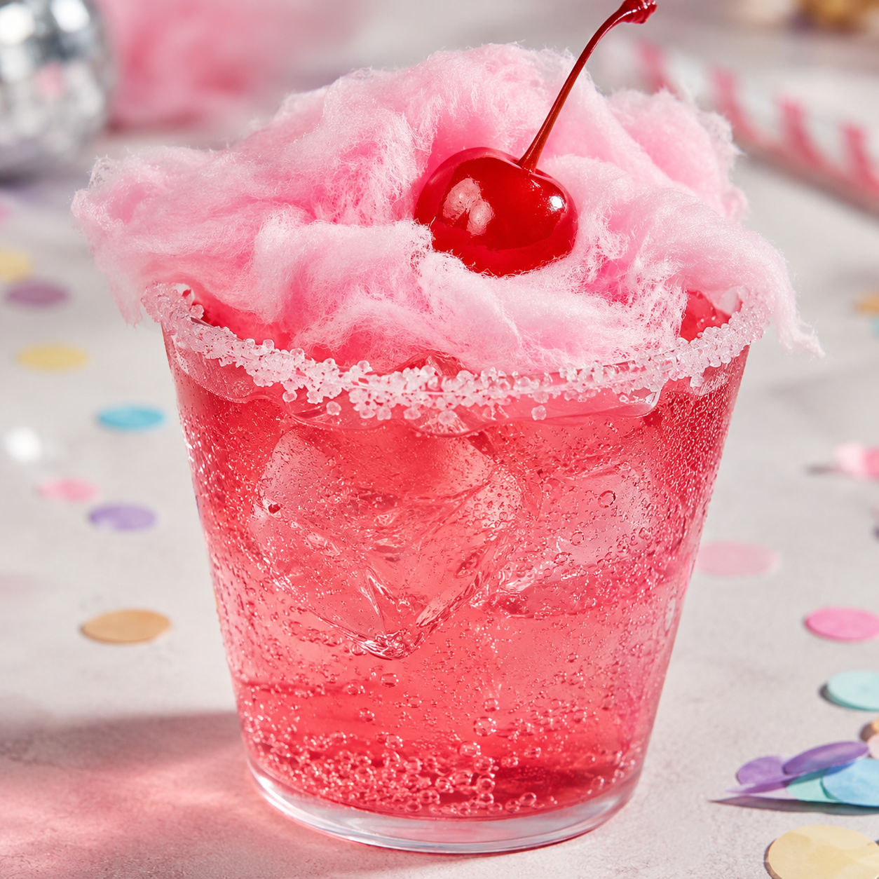 Pink cotton candy party drink with sugar rim and cherry