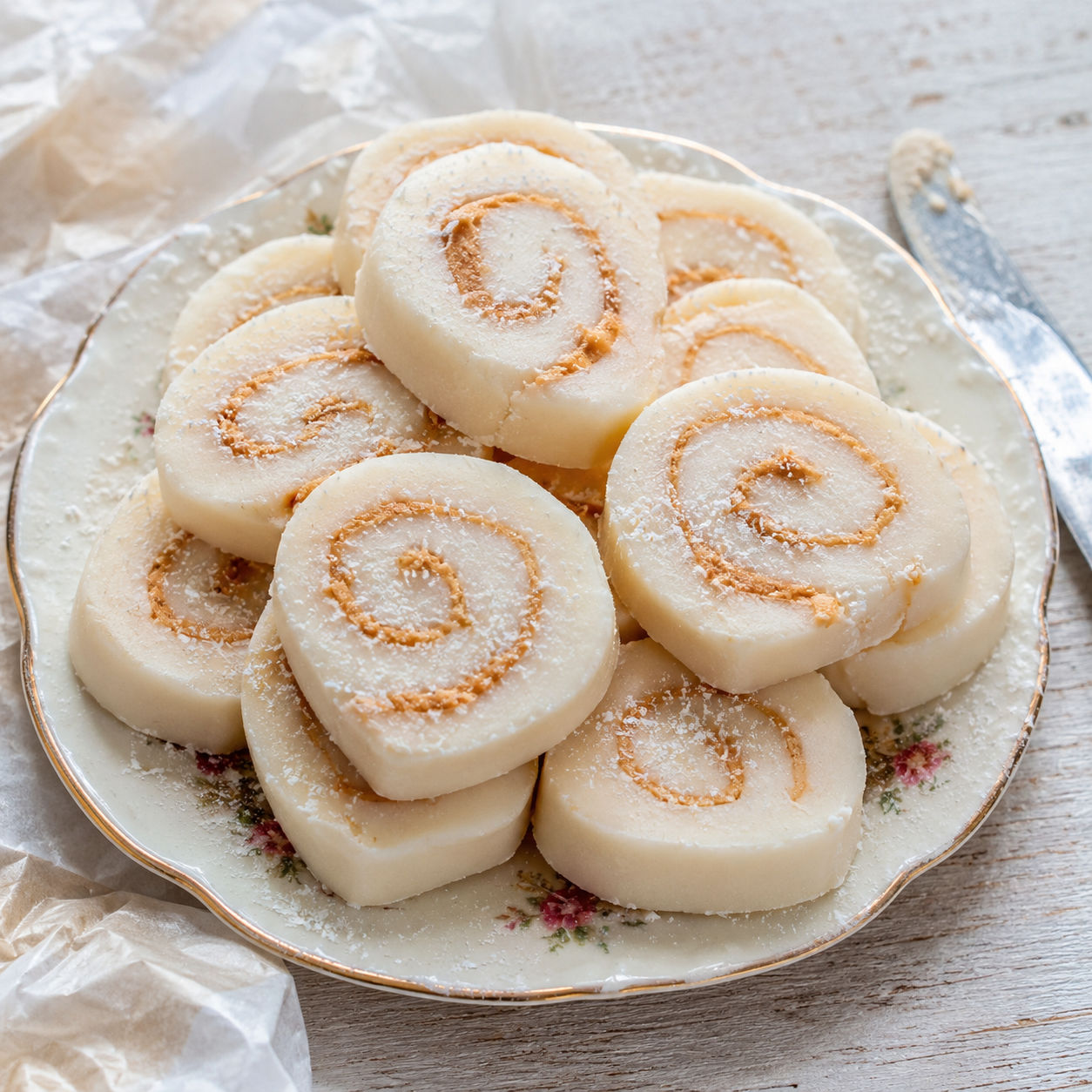 Old fashioned potato candy pinwheels with peanut butter swirls on a plate