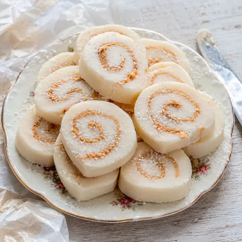 Old fashioned potato candy pinwheels with peanut butter swirls on a plate