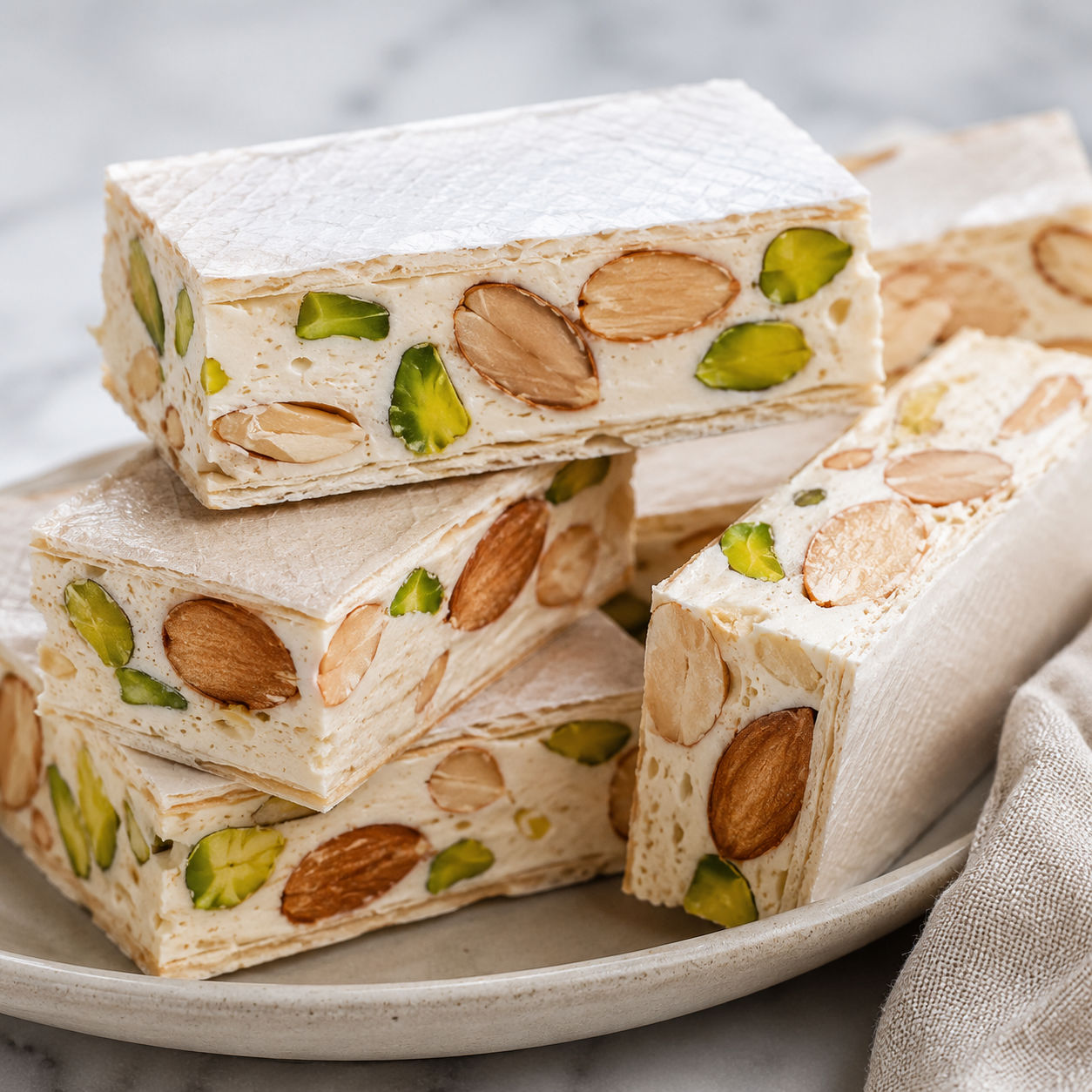 Nougat Torrone pieces with almonds, pistachios, and wafer paper