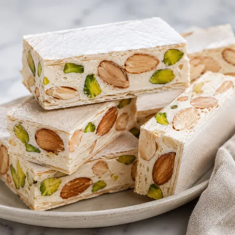 Nougat Torrone pieces with almonds, pistachios, and wafer paper