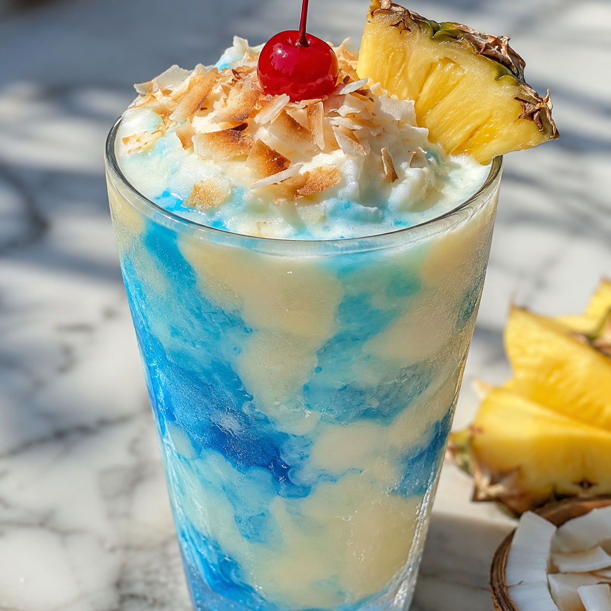 Blue pineapple coconut frappuccino with toasted coconut and pineapple