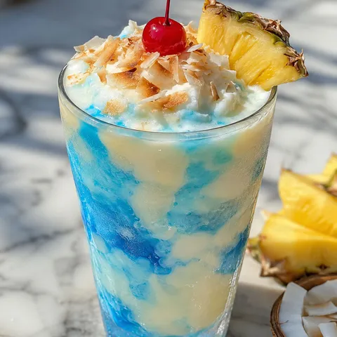Blue pineapple coconut frappuccino with toasted coconut and pineapple