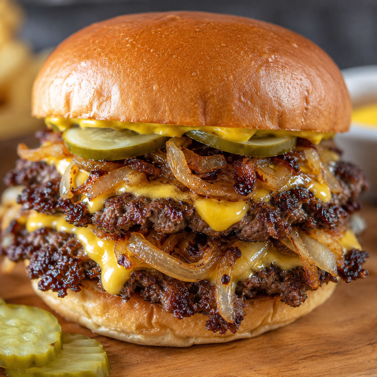 Oklahoma onion smashburger with crisp onions, melted cheese, pickles, and mustard