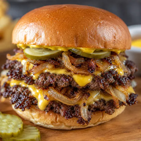 Oklahoma onion smashburger with crisp onions, melted cheese, pickles, and mustard