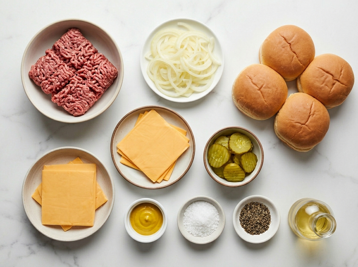 Ground beef, thin onions, cheese, buns, pickles, and mustard for smashburgers