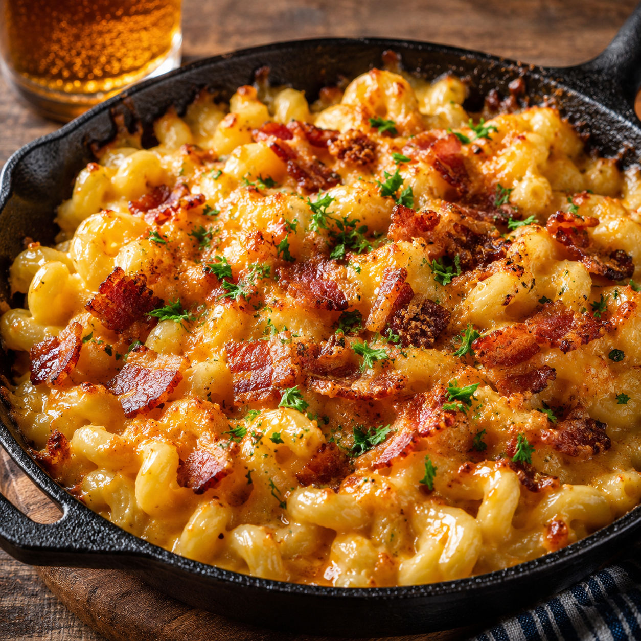 Oktoberfest bacon beer mac with Gruyère, cheddar, bacon, and parsley