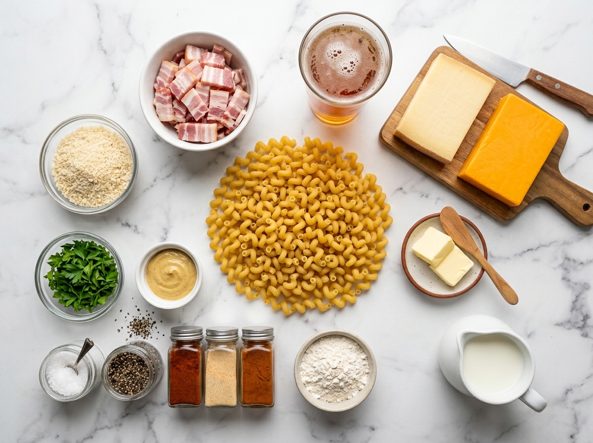 Ingredients for bacon beer mac with Gruyère, cheddar, pasta, and lager