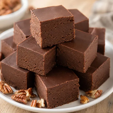 Old Fashioned Fudge squares stacked on a white plate with pecans