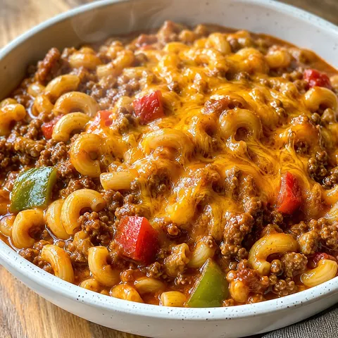 Old-fashioned goulash with beef, macaroni, tomato sauce, and melted cheddar in a white bowl